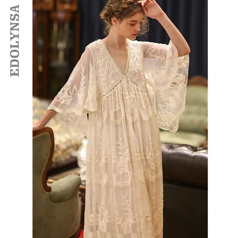 2019 Autumn Sleepwear Vintage White Cotton Nightgown Plus Size Women Home Wear Night Dress Ladies Nightwear Lingerie Nighty T546