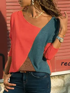 Asymmetric Neck  Patchwork  Contrast Stitching Sweatshirts T-shirts