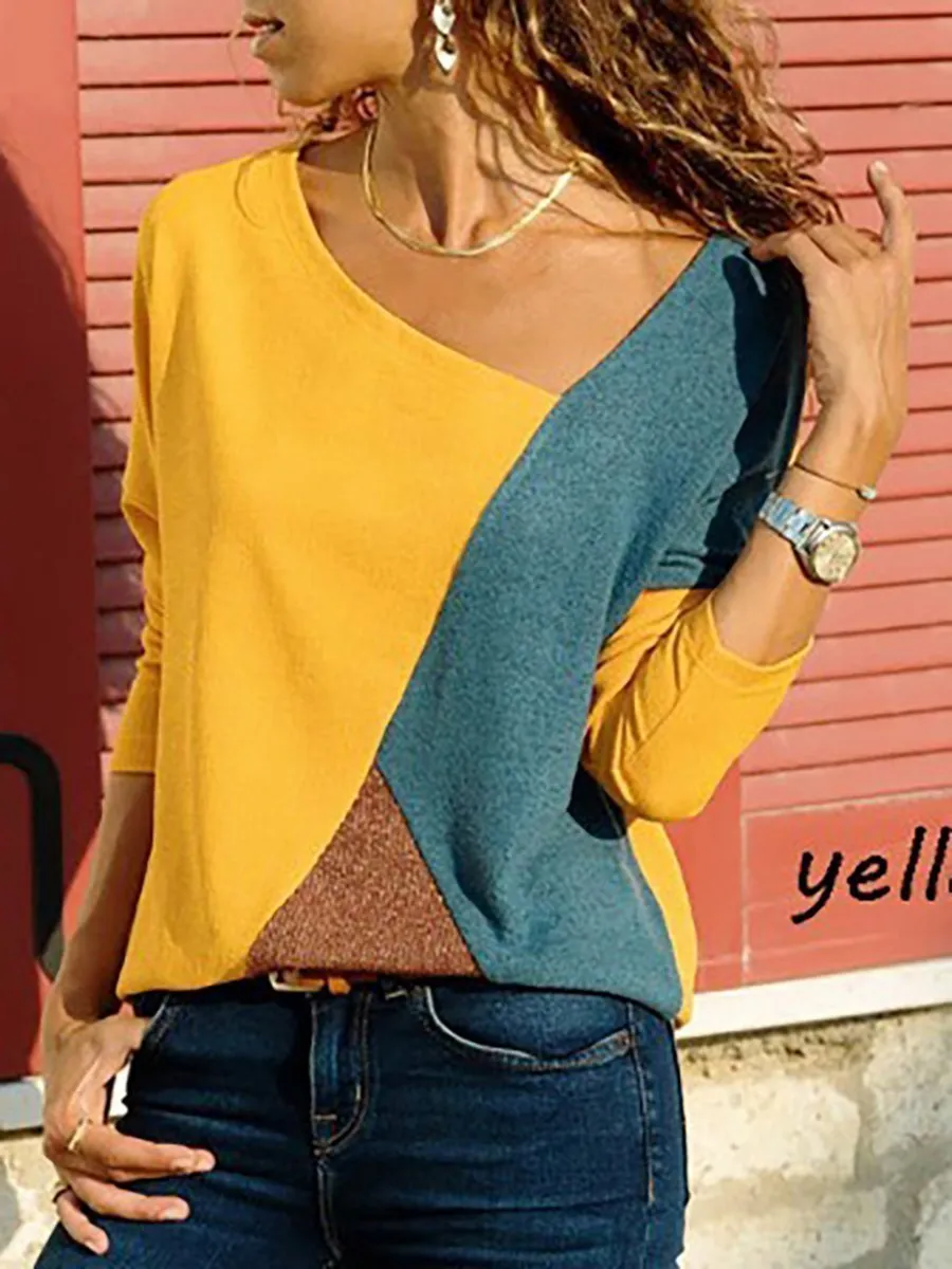 Asymmetric Neck  Patchwork  Contrast Stitching Sweatshirts T-shirts