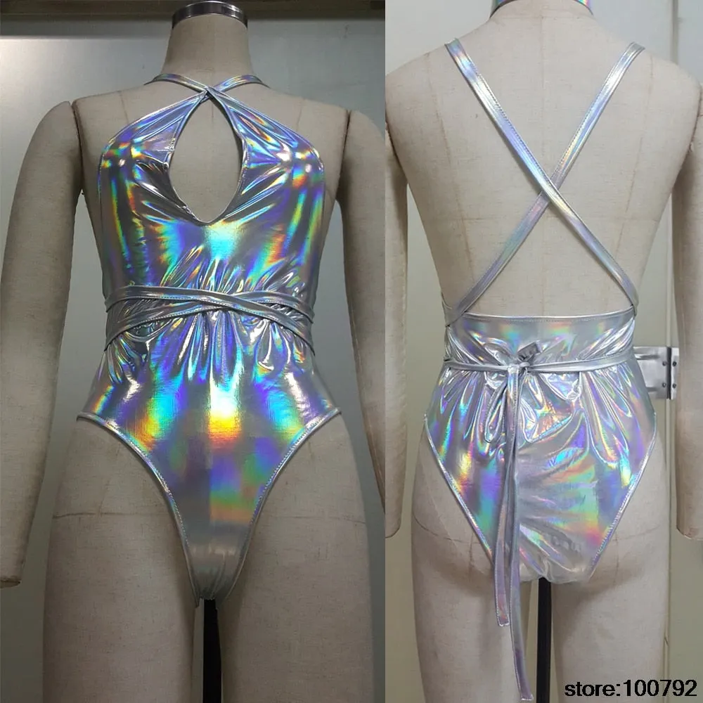 Backless & Necklined Holographic Bodysuit