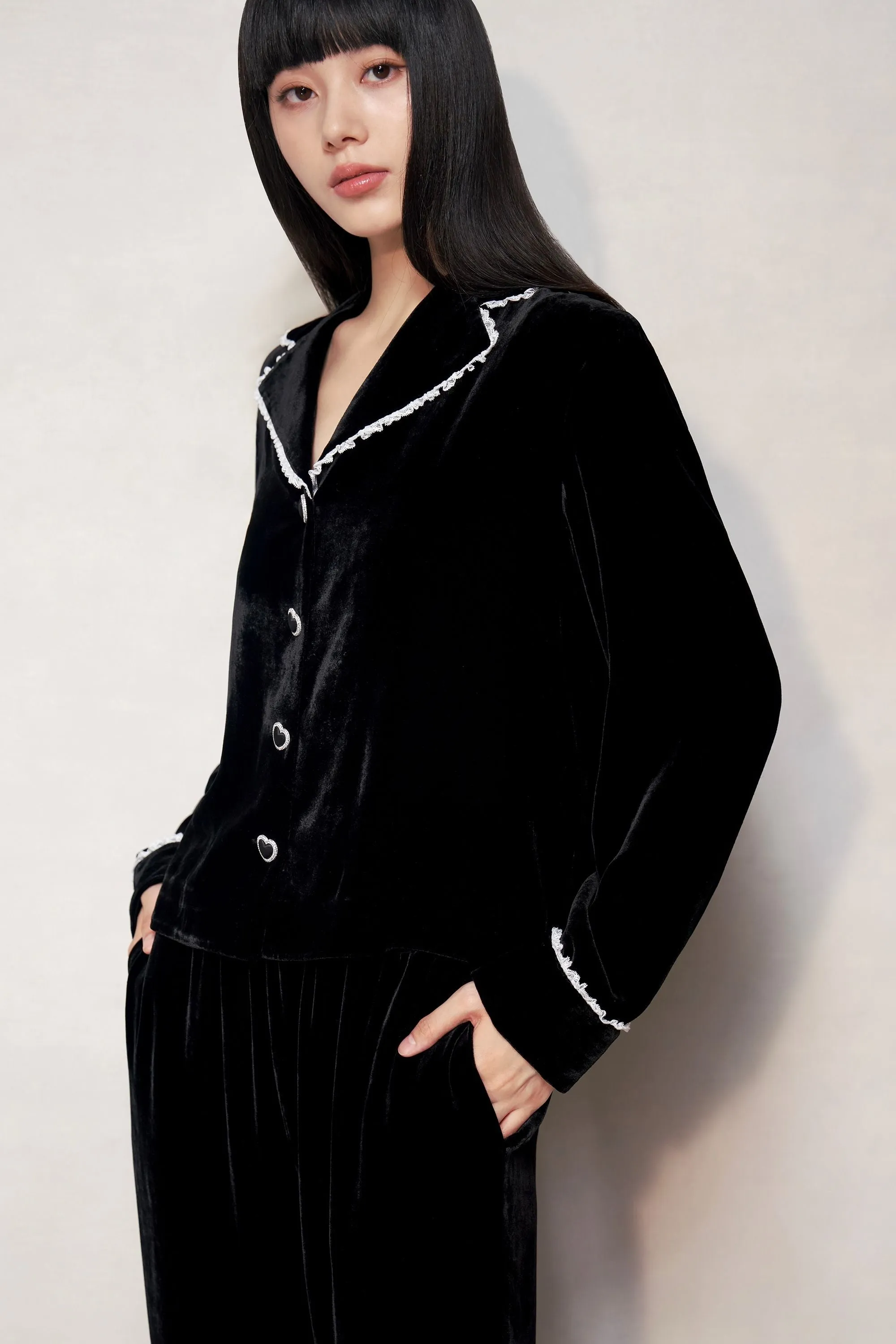 Black Lace Velvet Pyjama Top
