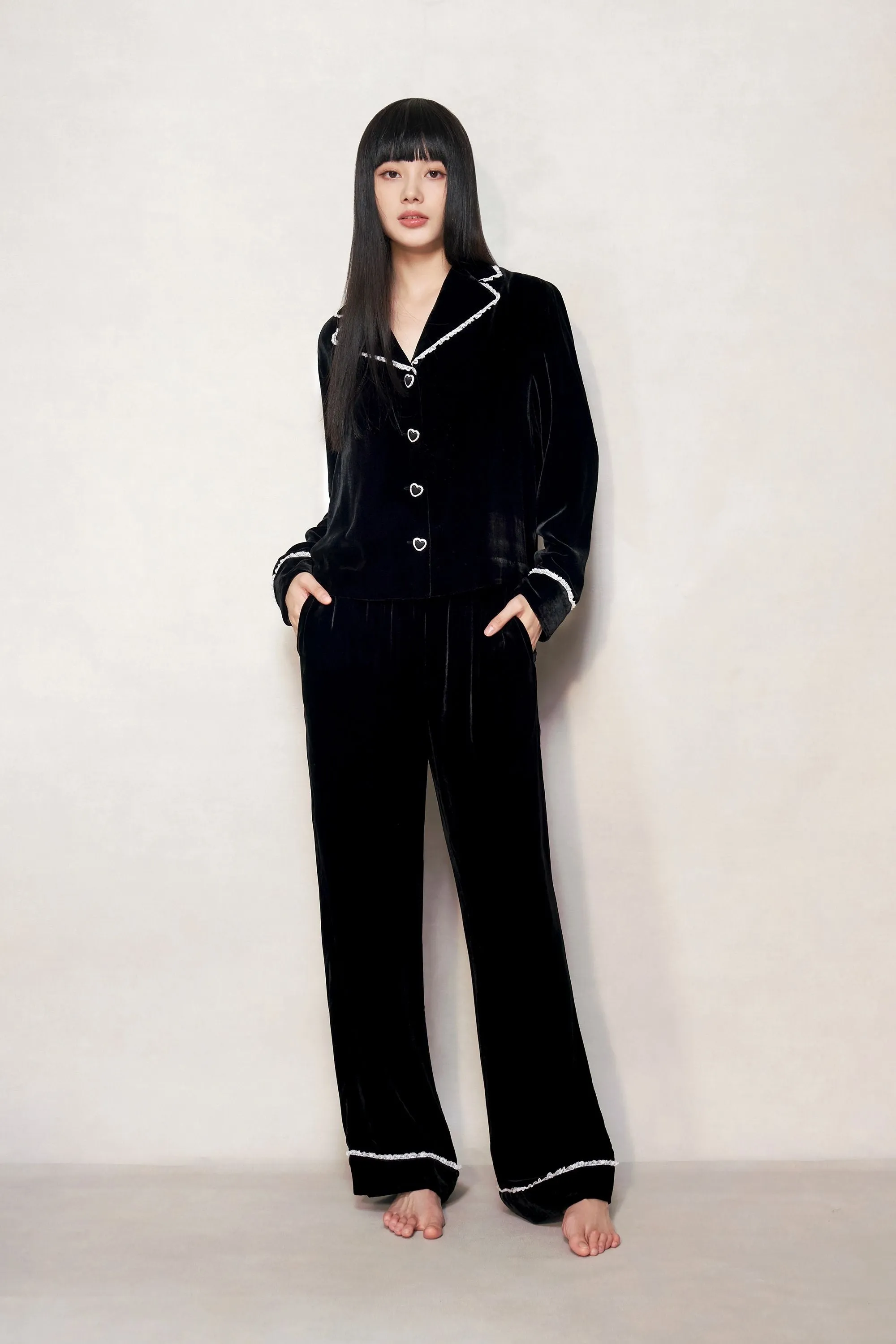 Black Lace Velvet Pyjama Top
