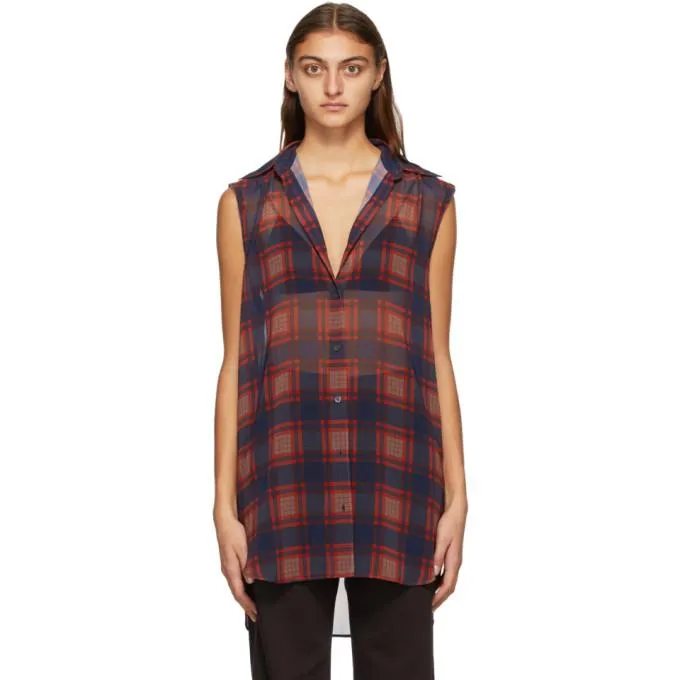 Dries Van Noten Red and Blue Crepe Check Sleeveless Shirt