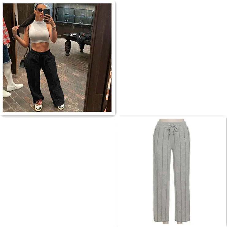 Elastic Lace-Up Loose Athleisure Solid Pants