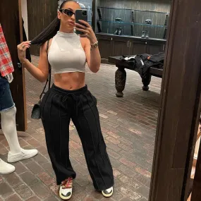 Elastic Lace-Up Loose Athleisure Solid Pants