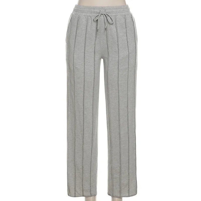 Elastic Lace-Up Loose Athleisure Solid Pants