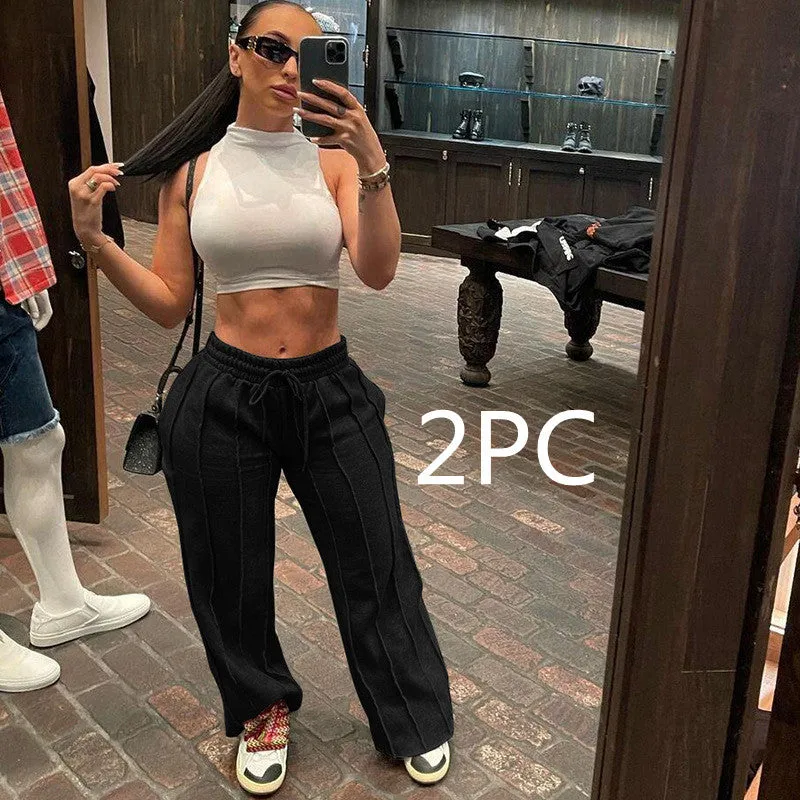 Elastic Lace-Up Loose Athleisure Solid Pants
