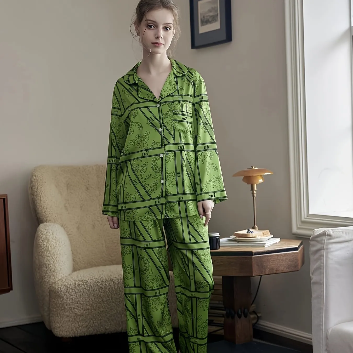 Long-sleeved silk pajamas suit, casual cardigan, home clothes, simulation, spring, autumn   X4400820