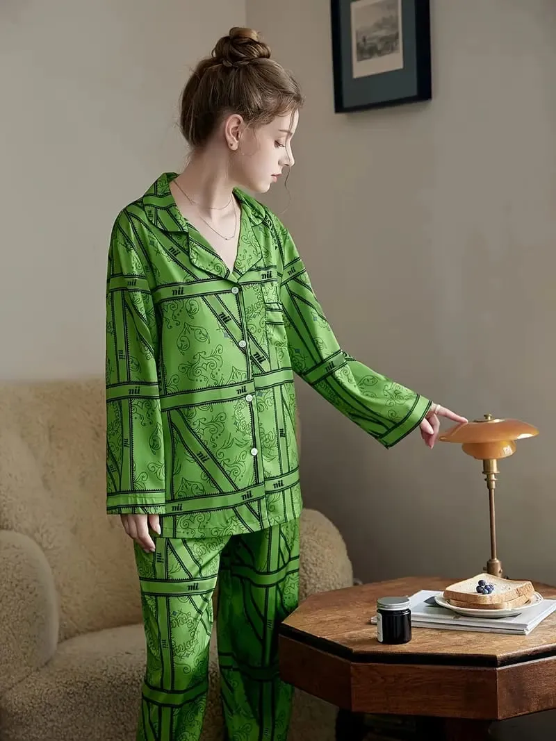 Long-sleeved silk pajamas suit, casual cardigan, home clothes, simulation, spring, autumn   X4400820