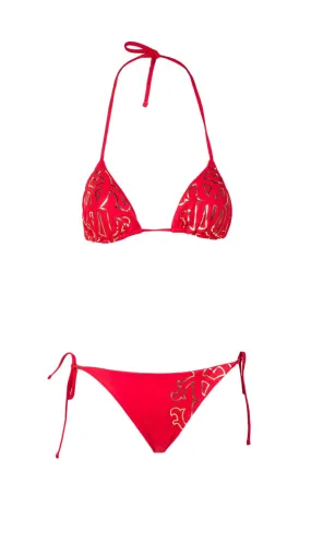 Roberto Cavalli  Red Printed Two Piece Halter Neck Tie Bikini Set-