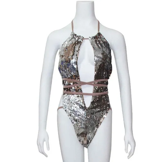 Sequined Backless Deep Necklined Bodysuit