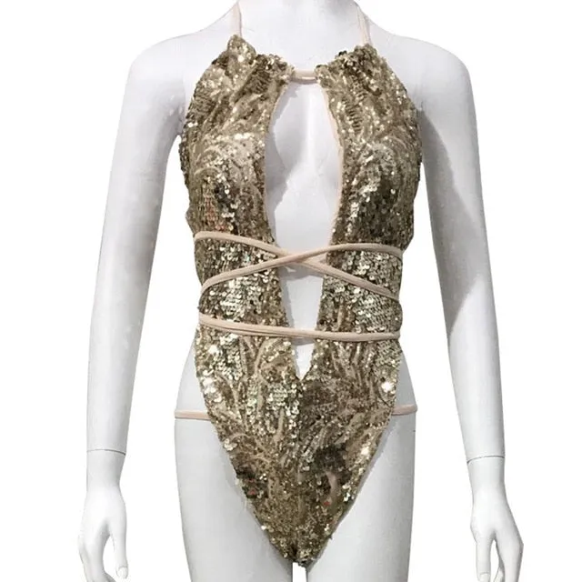 Sequined Backless Deep Necklined Bodysuit