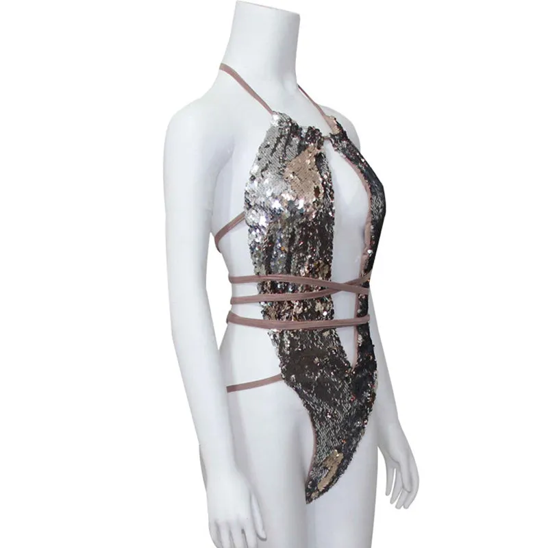 Sequined Backless Deep Necklined Bodysuit