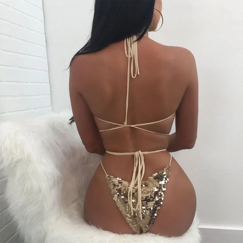 Sequined Backless Deep Necklined Bodysuit