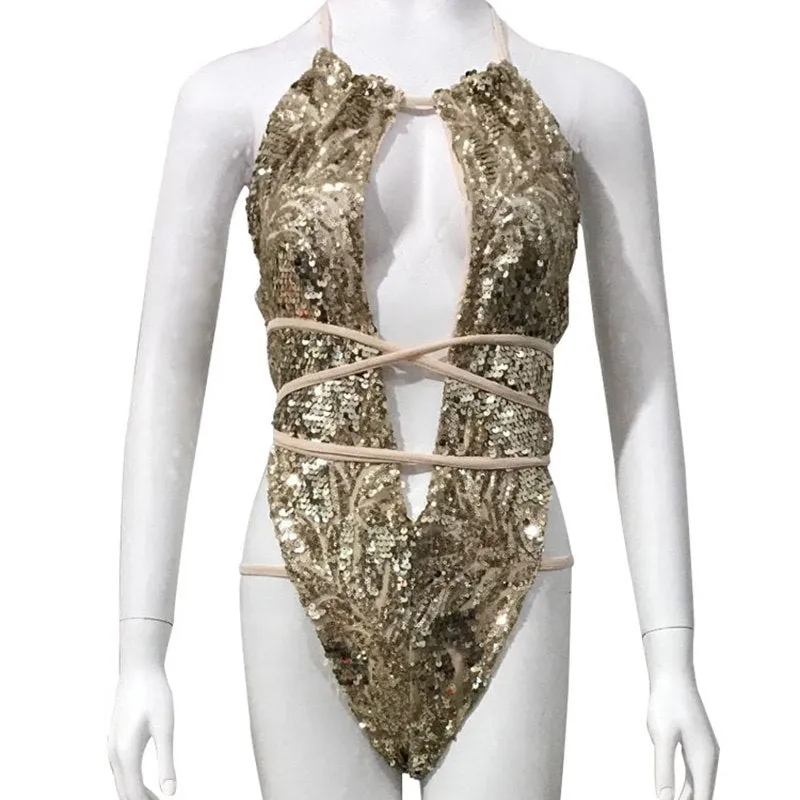 Sequined Backless Deep Necklined Bodysuit