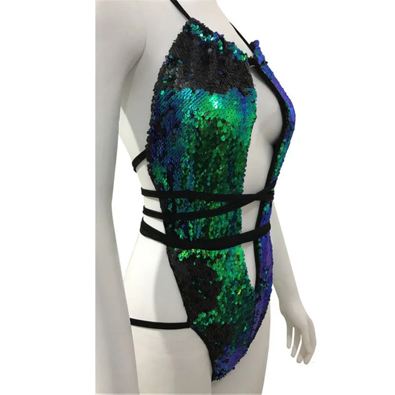 Sequined Backless Deep Necklined Bodysuit