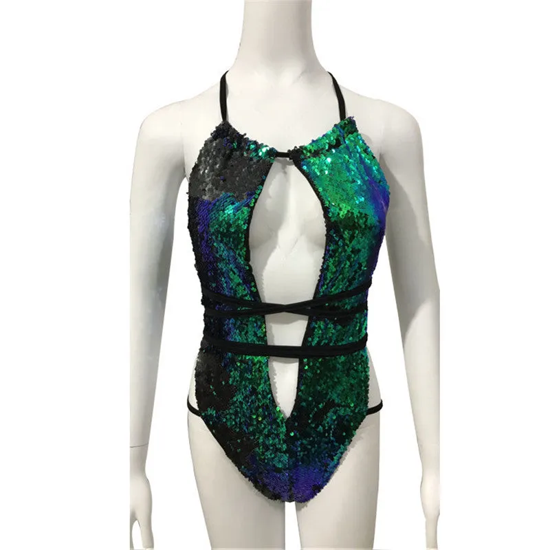 Sequined Backless Deep Necklined Bodysuit