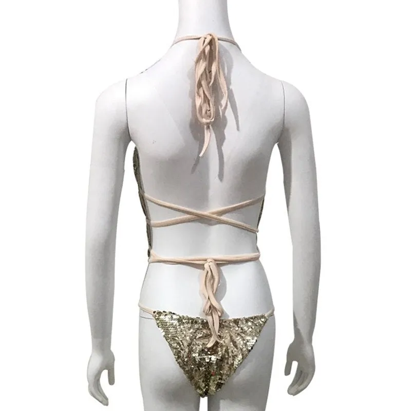 Sequined Backless Deep Necklined Bodysuit