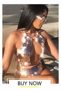 Sequined Backless Deep Necklined Bodysuit