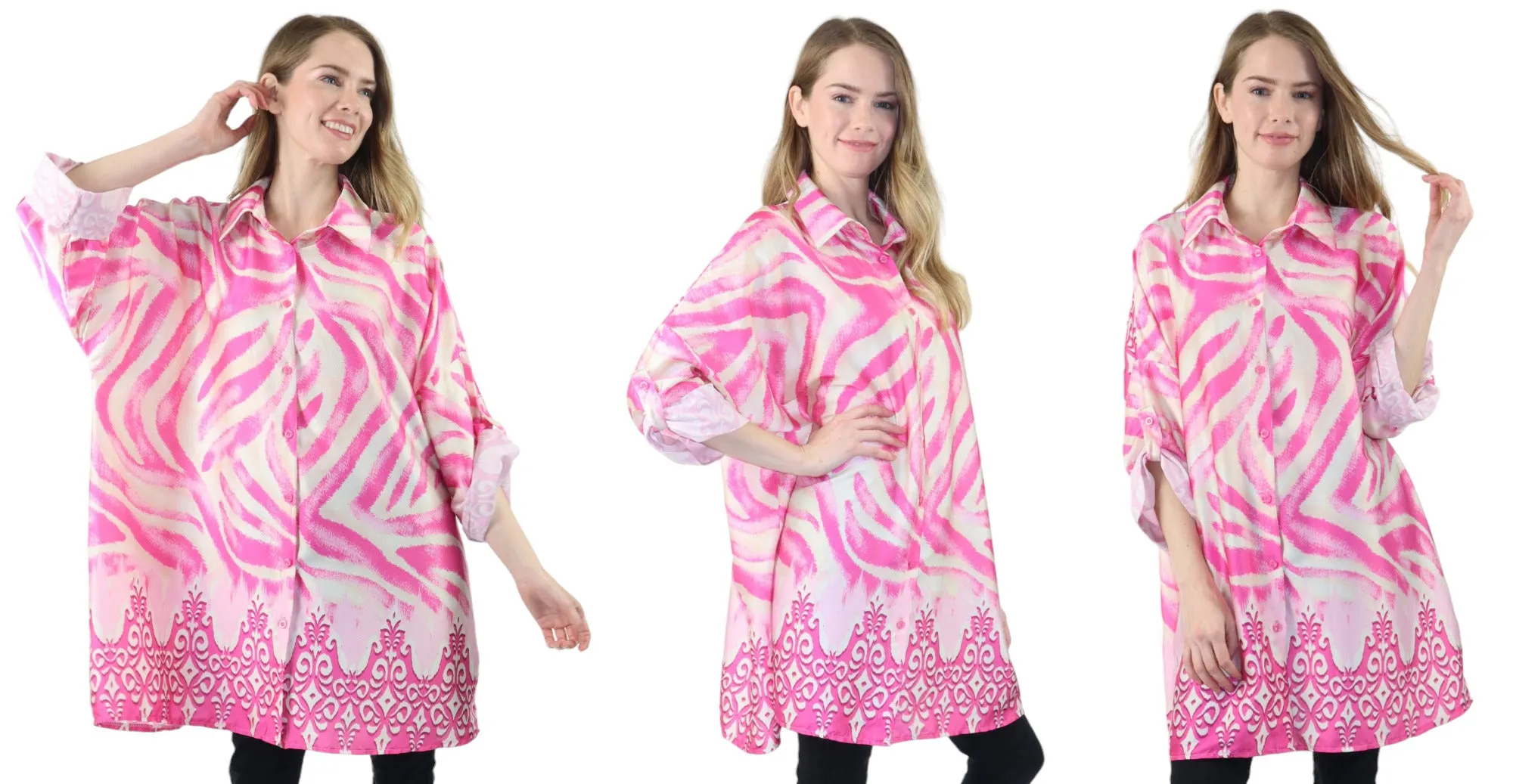 Womens Oversized Baggy Button Down Digital Swirl Print Shirt Blouse Tunic Top with Collar | One Size Fits All
