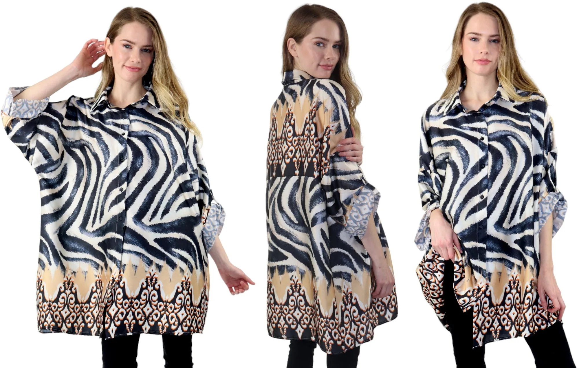 Womens Oversized Baggy Button Down Digital Swirl Print Shirt Blouse Tunic Top with Collar | One Size Fits All