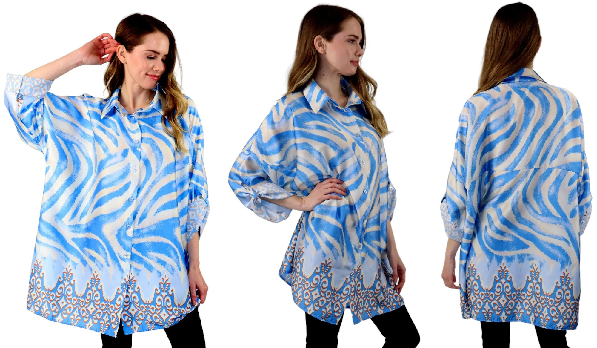 Womens Oversized Baggy Button Down Digital Swirl Print Shirt Blouse Tunic Top with Collar | One Size Fits All