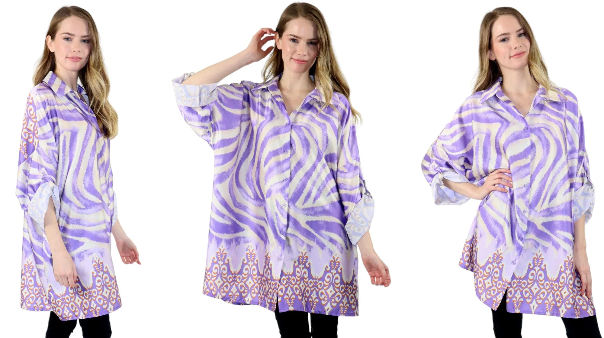 Womens Oversized Baggy Button Down Digital Swirl Print Shirt Blouse Tunic Top with Collar | One Size Fits All